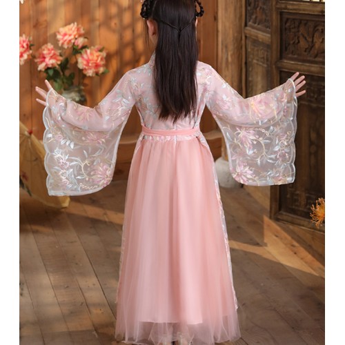 Girls light pink Hanfu Fairy Dress Children's Chinese Style Ancient folk Costume  Embroidered princess empress Queen cosplay Dress Tang Suit